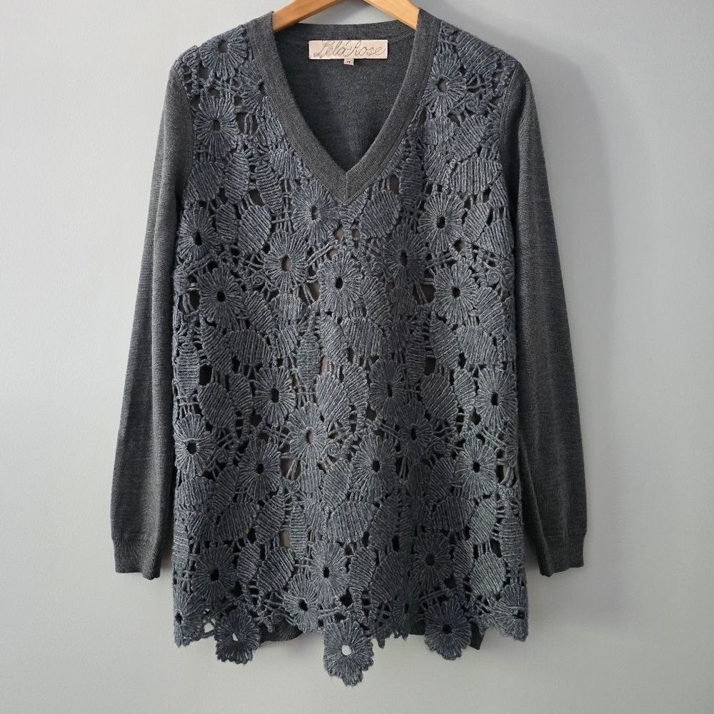 Lela Rose Blue Merino Wool Floral Lace Sweater Size M